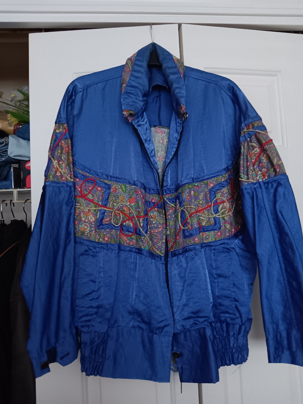 Vintage Blue Women's Lightweight Bomber Jacket with Paisley Trim
